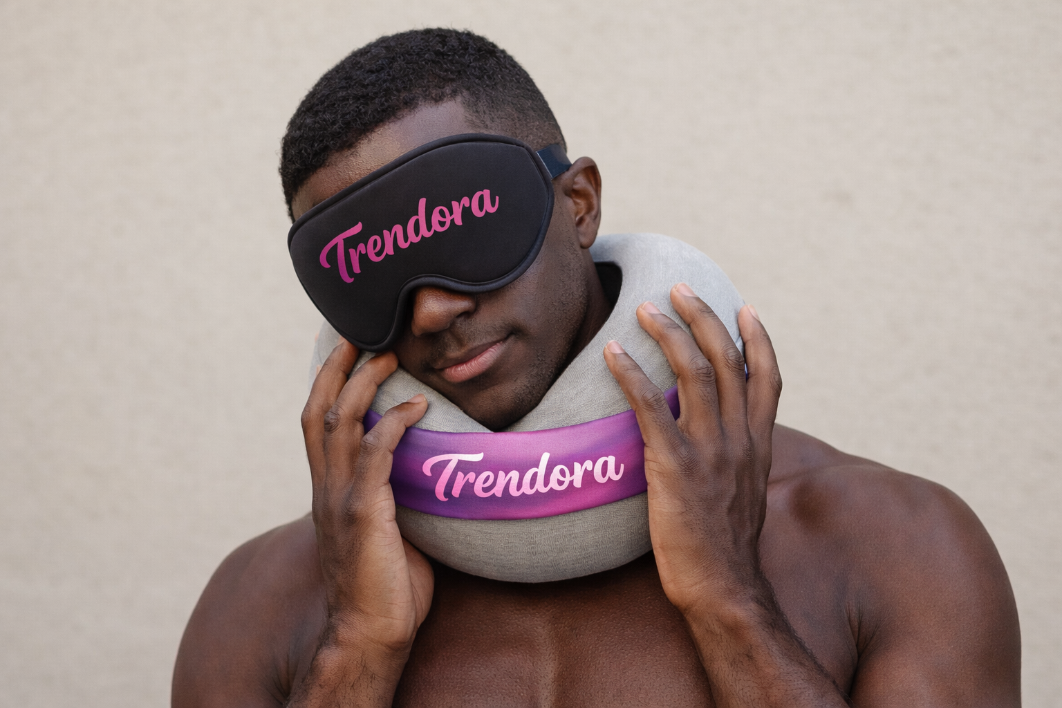 Man wearing Trendora travel neck pillow and eye mask for comfort and relaxation